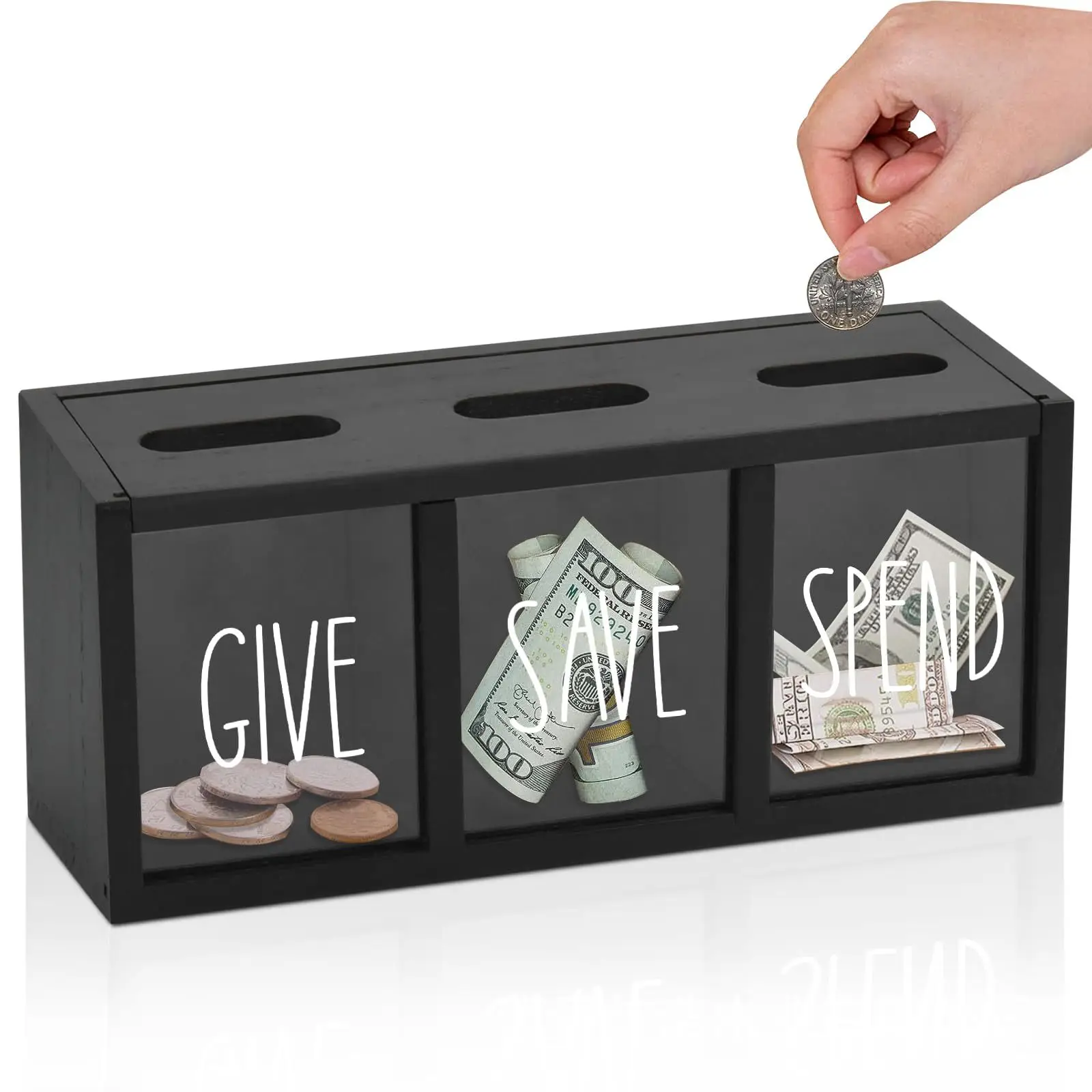 Wooden Give Save Spend Money Saving Box for Kids, Countertop Kid Piggy Bank for Daily Cash, Wall-Mount Kids Bank