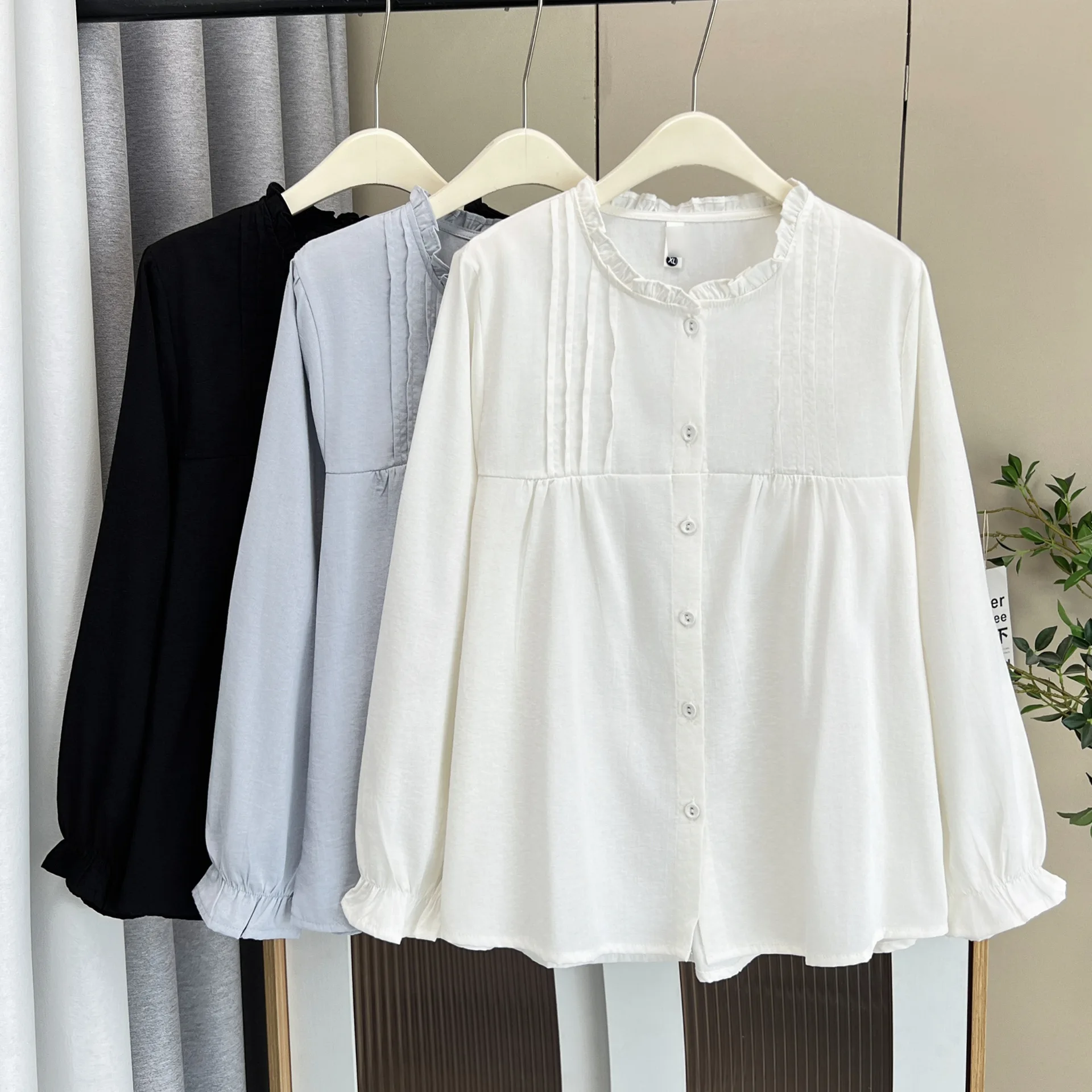 Fashion Plus Size Women's Blouses 2025 Autumn Style Ruffle Collar Long Sleeve Shirt Stylish Fold Top 011