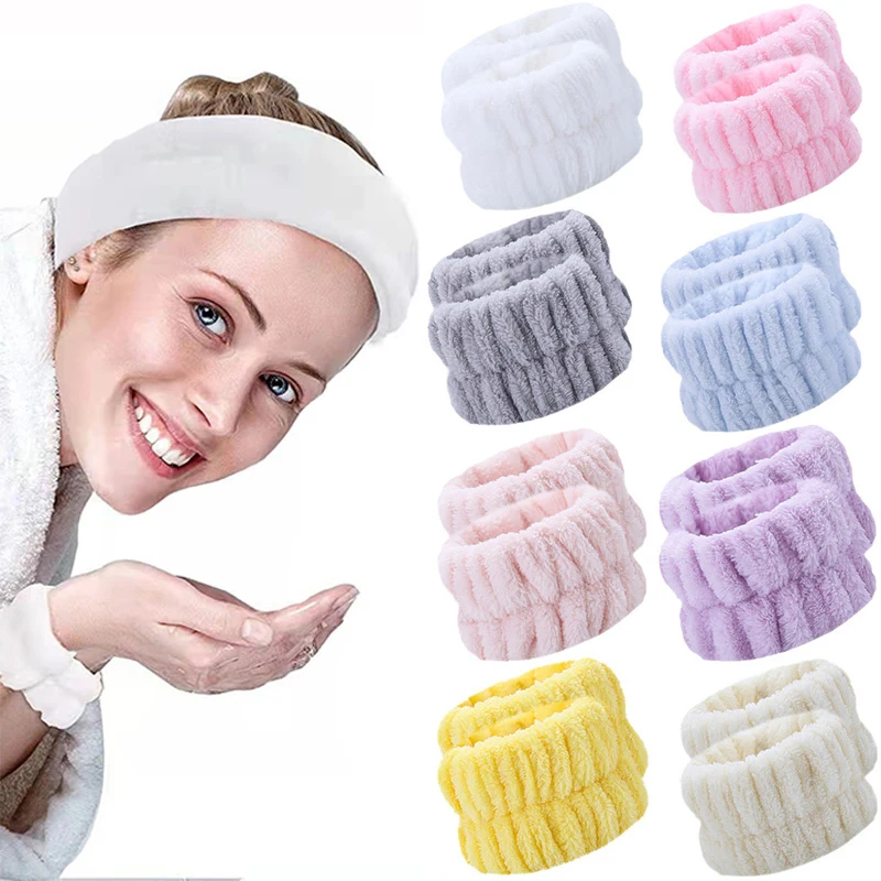 2 PCS Flannel Washing Face Headband Absorbent Wristband Makeup Hair