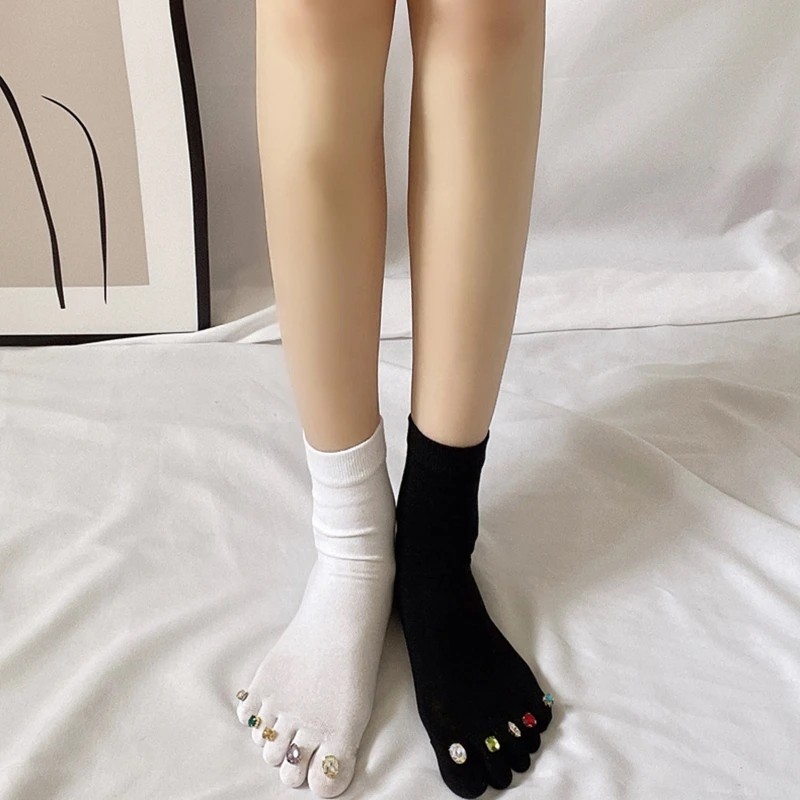 발가락 양말, 로우 컷 패치 워크 양말, 라인석 장식 다섯 손가락 양말, 봄 여름 코튼 여성 양말 F3MD