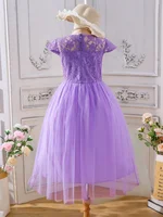 Robe en dentelle violette pour filles, style princesse élégant, ourlet de jupe en maille moelleuse 2