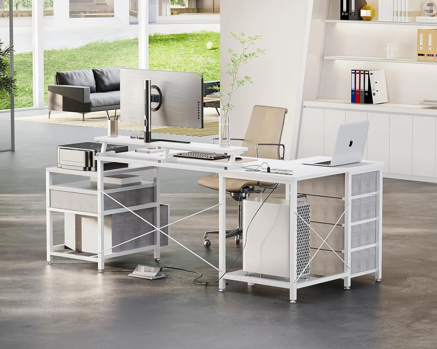 

KKL L Shaped Computer Desk with File Drawers & 3 Power Outlets & 2 USB Ports, 72 Inch Home Office Desk with Printer Cabinet & Mo