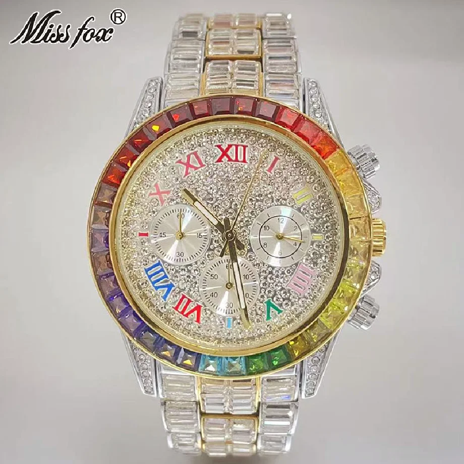 

New Gold Watches Luxury Men Hip Hop Brand Waterproof Quartz Clocks Rainbow Moissanite Fashion Iced Jewelry Man Free Shipping