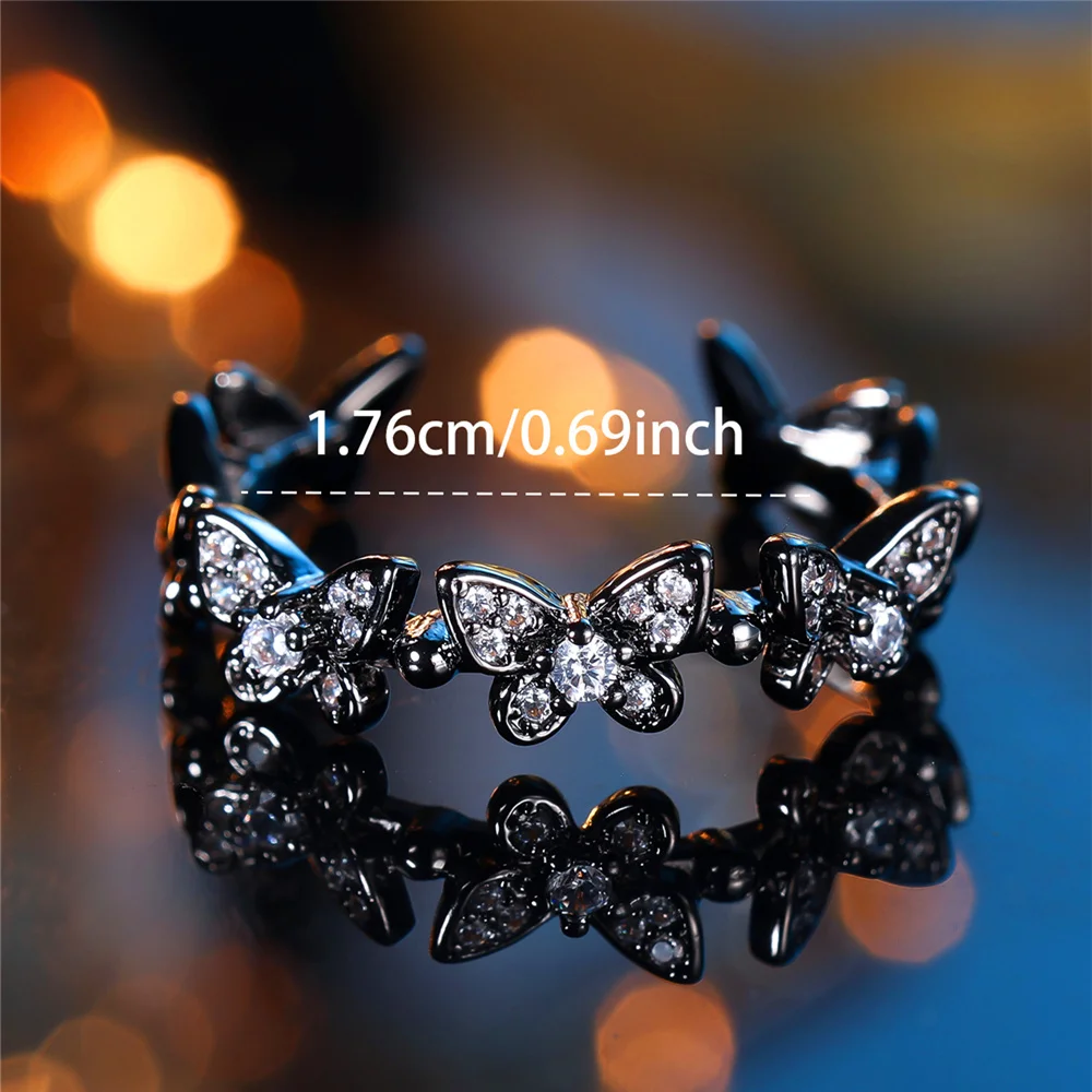 Charm Female Crystal White Butterfly Open Adjustable Ring Black Gold Color Vintage Zircon Stone Wedding Jewelry For Women