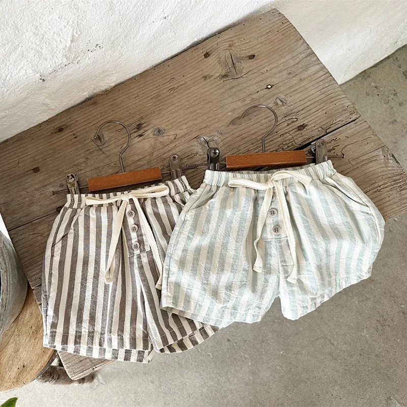 0-3Yers Vintage Linen Cotton Baby Boys Stripe Shorts Casual Buttons Pocket Design Baby Short Pants for Toddler Girls Clothing Casual Shorts Cotton Shorts