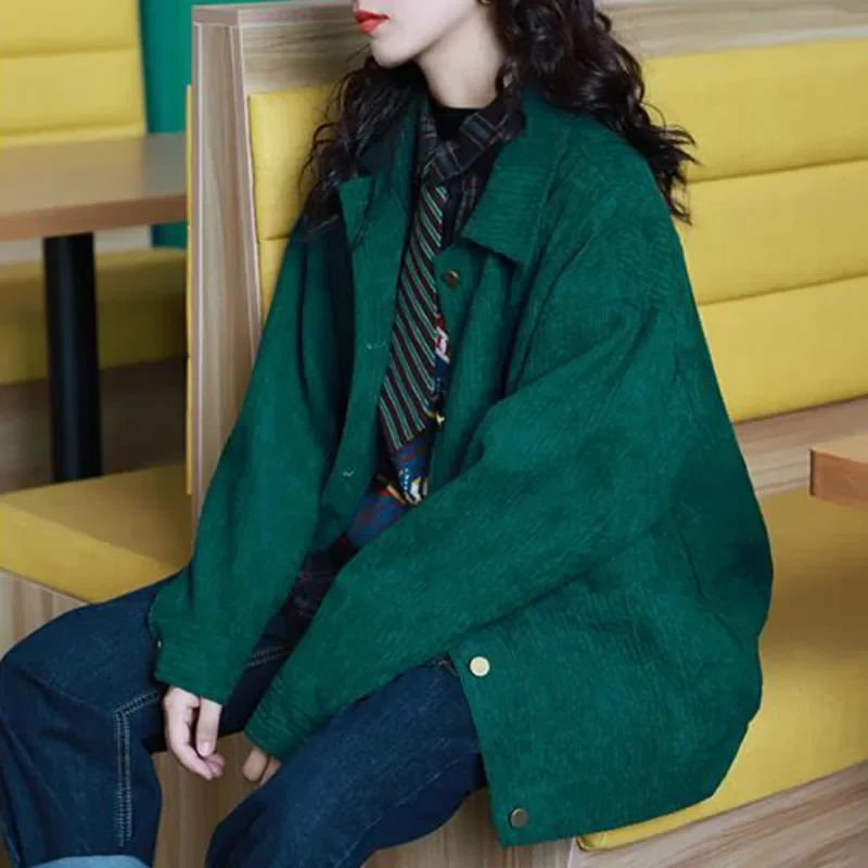 Women Korean Style Elegant Bright Trendy Loose Slim Casual Jackets Solid Green Corduroy Turn-down Collar Vintage Basic Outwear