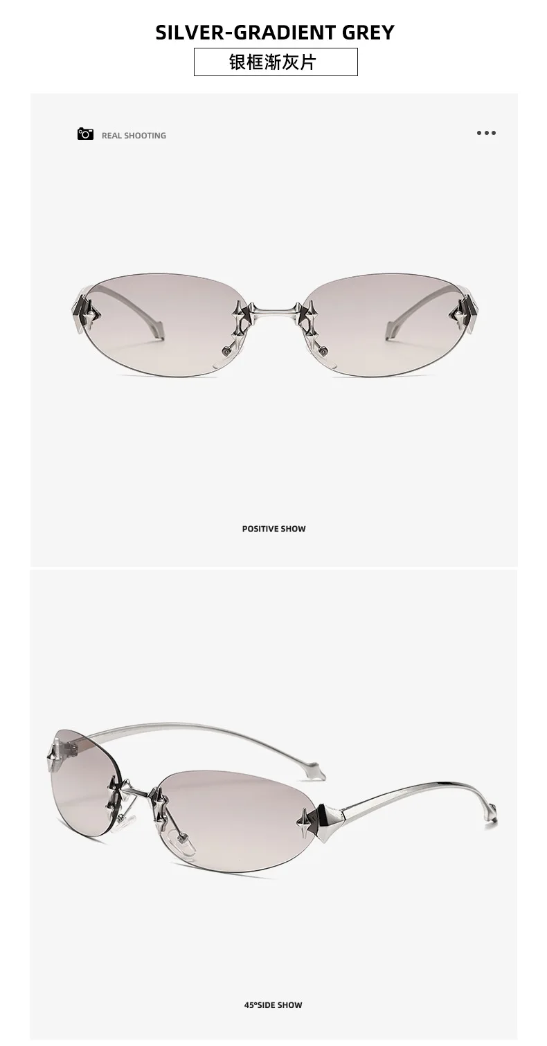 Einzigartige Legierung Rosa Spiegel Y2K Sonnenbrille Damen Neue Mode Randlose Ovale Farbverlauf Silber Sonnenbrillen Sexy Fahrbrillen für Damen – Detail 16
