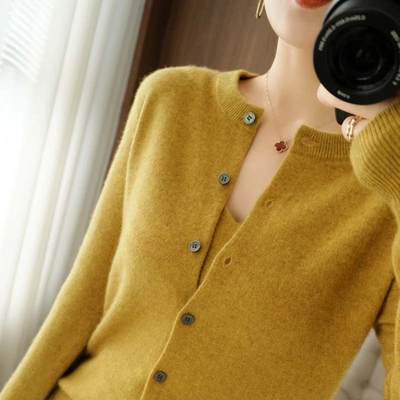 2022 Spring and Autumn 100% Pure Wool Cardigan Coat Women's Round Neck Top Cashmere Sweater Knitted Bottoming Shirt Outer Tower ugly christmas sweater Sweaters