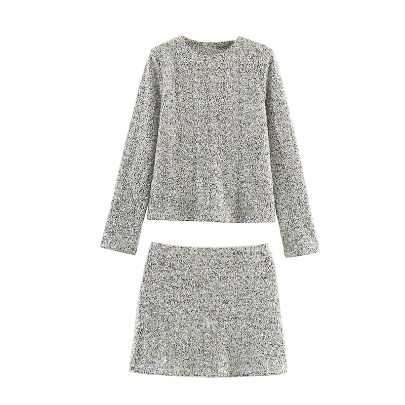 Chic Fashion Sequin Mini Skirts Two Piece Sets For Women 2025 New Long Sleeve Top Women's Suits Elegant Woman Outfits ﻿ ﻿