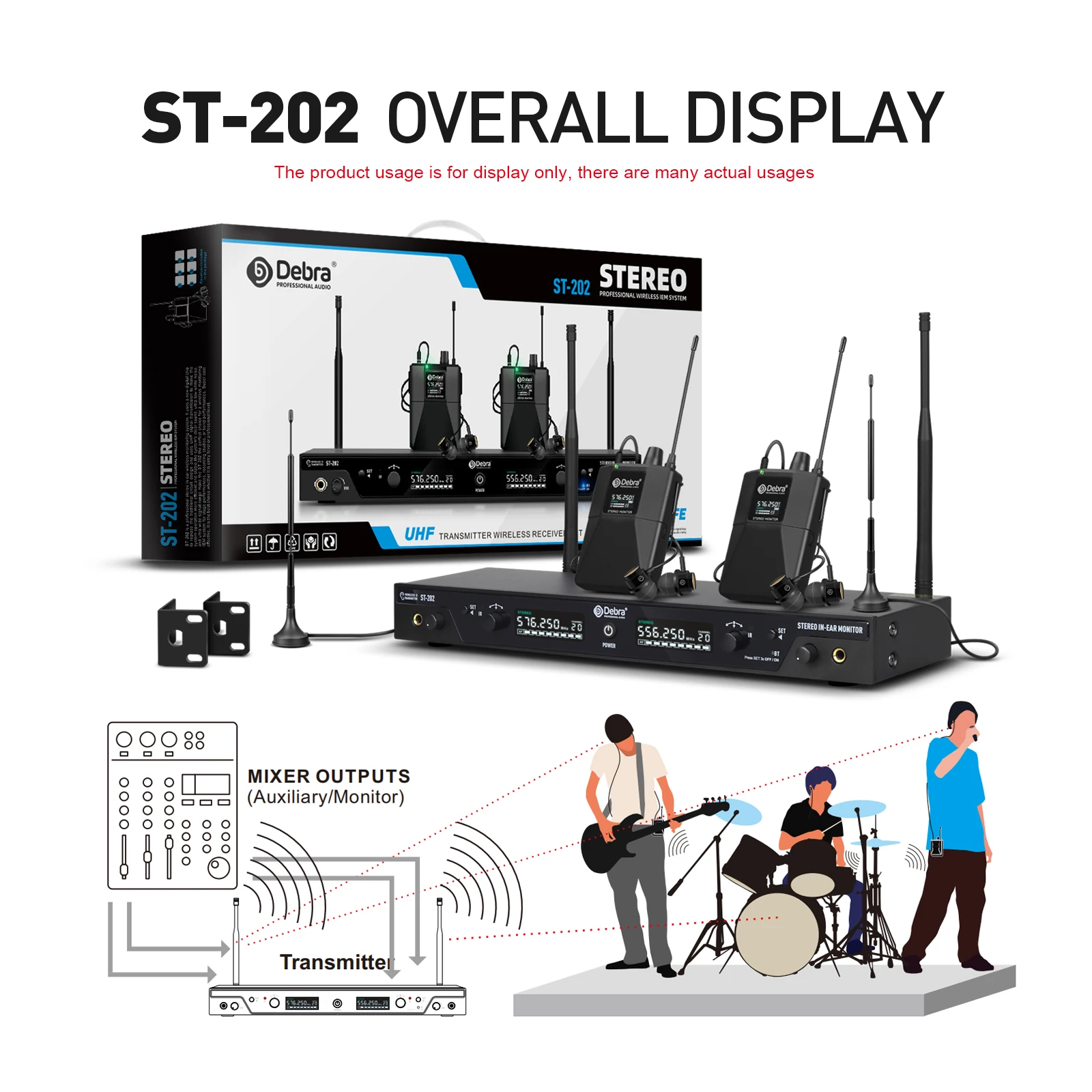 Stereo UHF Wireless In-Ear Monitor System ST-202 Dual frequency for Stage Record