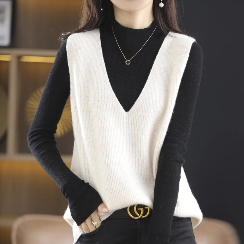 green sweater Spring And Autumn New 100% Pure Wool V-Neck Sleeveless Top Loose Fashion Temperament Knitted Pullover christmas sweatshirt Sweaters