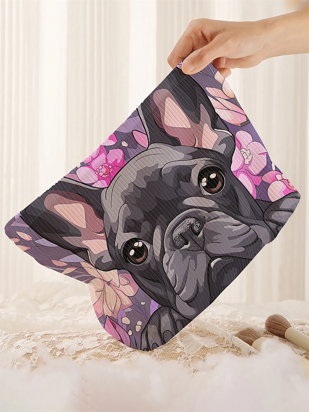 1 dog patterned corduroy makeup bag, lightweight zipper makeup storage box, multifunctional bag with lining
