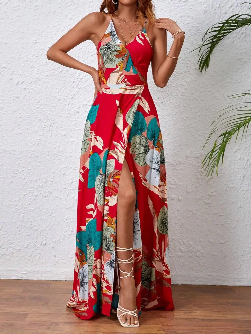 Fashion Flower Print Spaghetti Strap Dresses Women Sexy V-neck Backless Slit Long Dress Bohemian Style Vacation Beach Vestidos