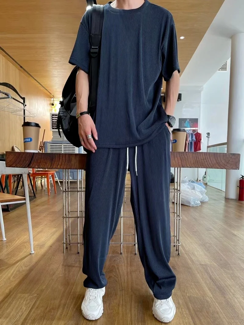 

Ice Silk Casual Suit Male Ins Tide Brand Straight Pleated Sports Pants Summer Thin Section Handsome Drape Suit Mens Clothing