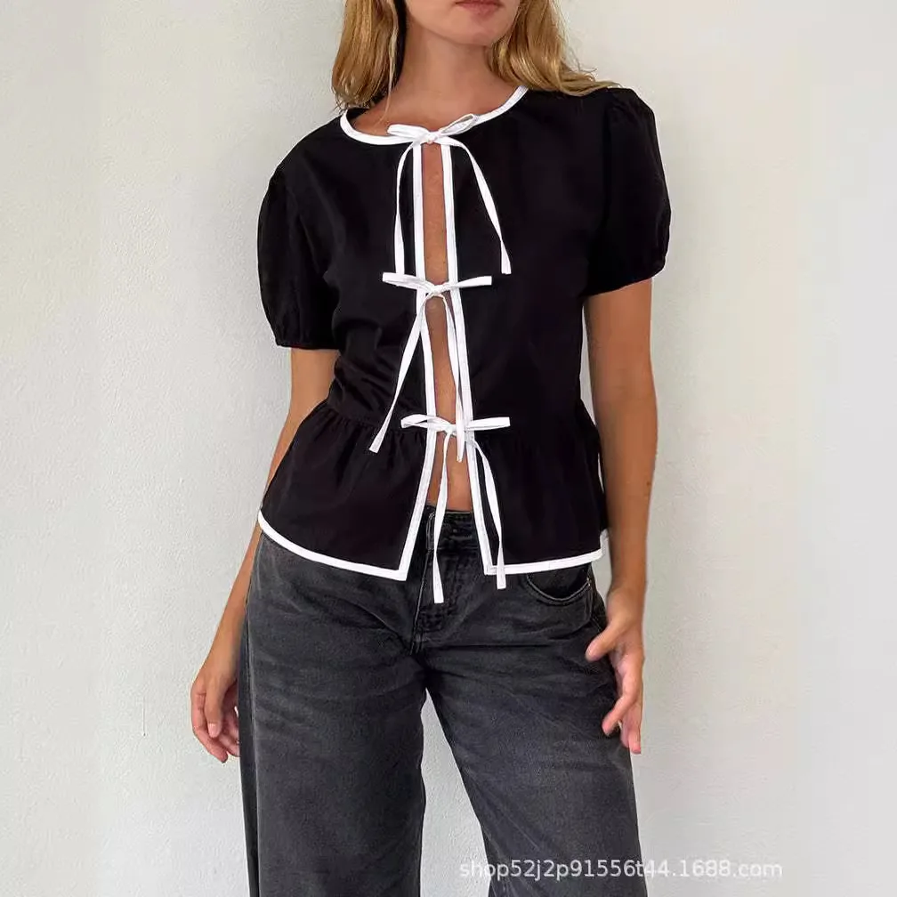 

Bow Lace Up Hallow Out Women's Shirts Contrast O-neck Puff Short Sleeve Blouses 2024 Spring Summer Casual Shirt Office Lady Top