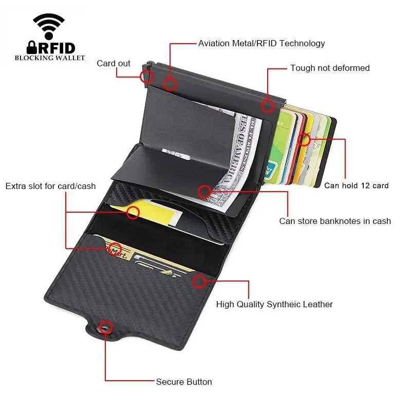 Wallet Card Holder Credit Card Holder DIENQI-Carbon Fiber Anti Rfid Credit Card Holder Double Cardholder Case Wallet Metal Business Bank Creditcard Minimalist Wallet