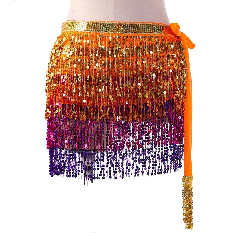 

Belly Dance Hip Scarf Performance Costume Shine Sparkle Fringe 4 Layers Wave Women Sequin Mini Skirt Wrap Belt Colorful New Gold