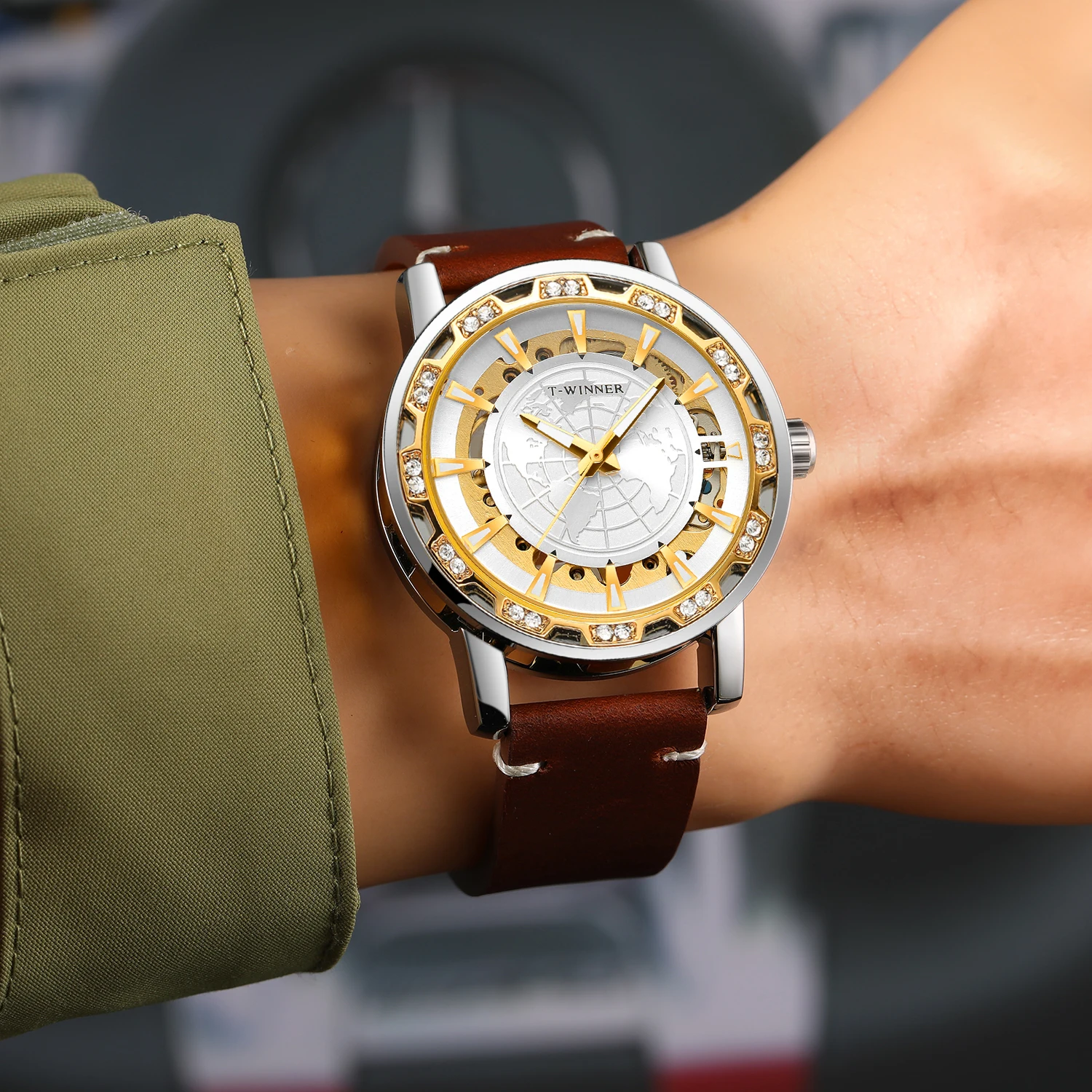 T-WINNER Classic Men's Manual Winding Mechanical Watch with Luminous Hands Luxury Gold-Tone Skeleton Case Retro Leather Strap mechanical watch
