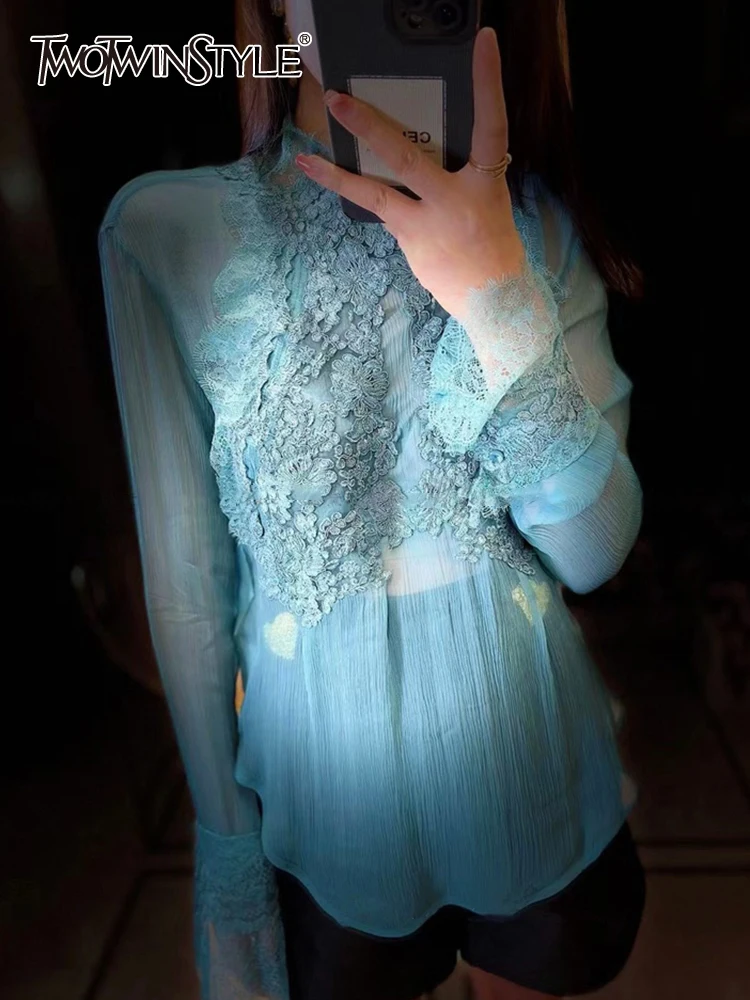 

TWOTWINSTYLE Solid Patchwork Embroidery Loose Shirts For Women Stand Collar Flare Sleeve Sexy Blouses Female Fashion Clothing