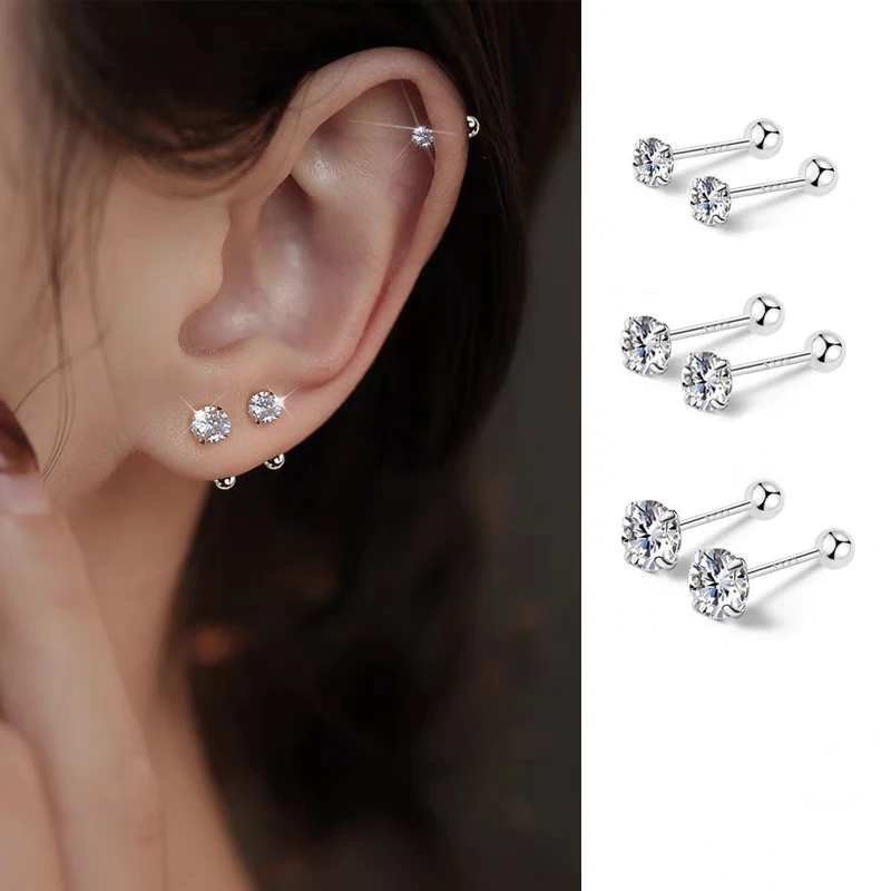 Silver Earrings Silver Stud Earrings 1Pair 925 Sterling Silver Bead Screw Stud Earrings for Women Men Simple 3-6mm Round Cubic Zirconia Ear Body Piercing Jewelry