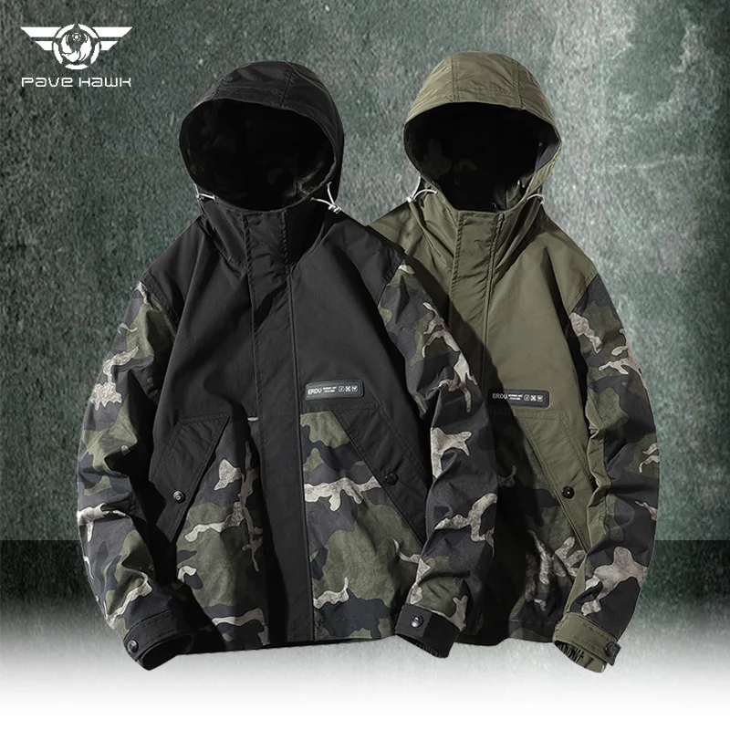 

Camouflage Hooded Jacket Men Patchwork Loose Casual Cargo Coat Outdoor Windproof Camping Travel Jacket Autumn Military Joggers