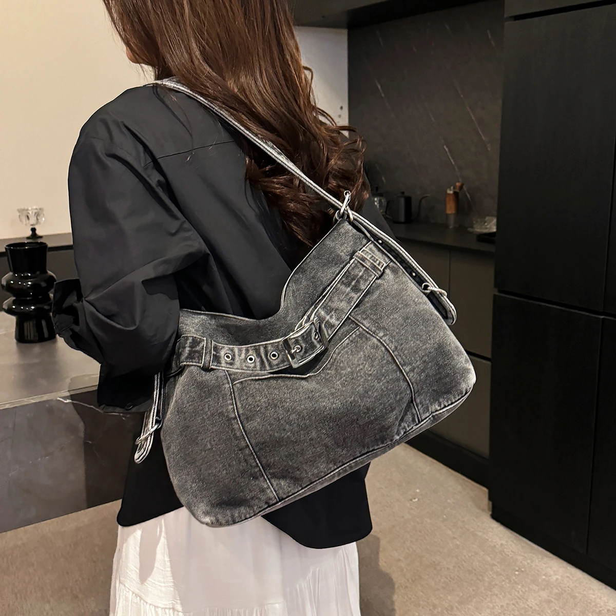 Denim Handmade Bag Women's 2025 New Retro Tote Bag Handbag Crossbody Bag Washed Literary Shoulder Bag Work Shopping Daily Travel
