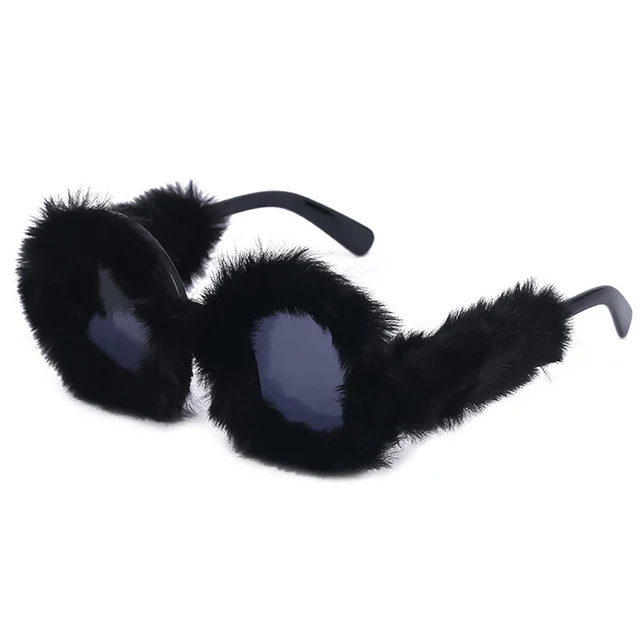OEC CPO Ladies Soft Fur Velvet Cat Eye Sunglasses Women Fashion Colorful Handmade Sun Glasses Female Trendy Shades UV400 Eyewear Black-Black