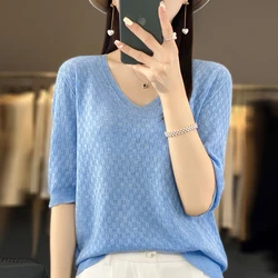 Spring Summer New Women Wool Waffle Sweater Three Quarter Sleeve V-Neck Seamless Loose Pullover T-shirt Casual Knitted Base Tops