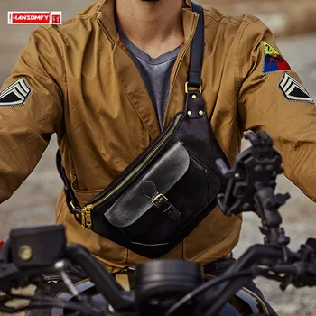 Bolsa Crossbody de couro genuíno para homens, couro de vaca de primeira camada, bolsa de peito, lazer ao ar livre, nicho, 2024