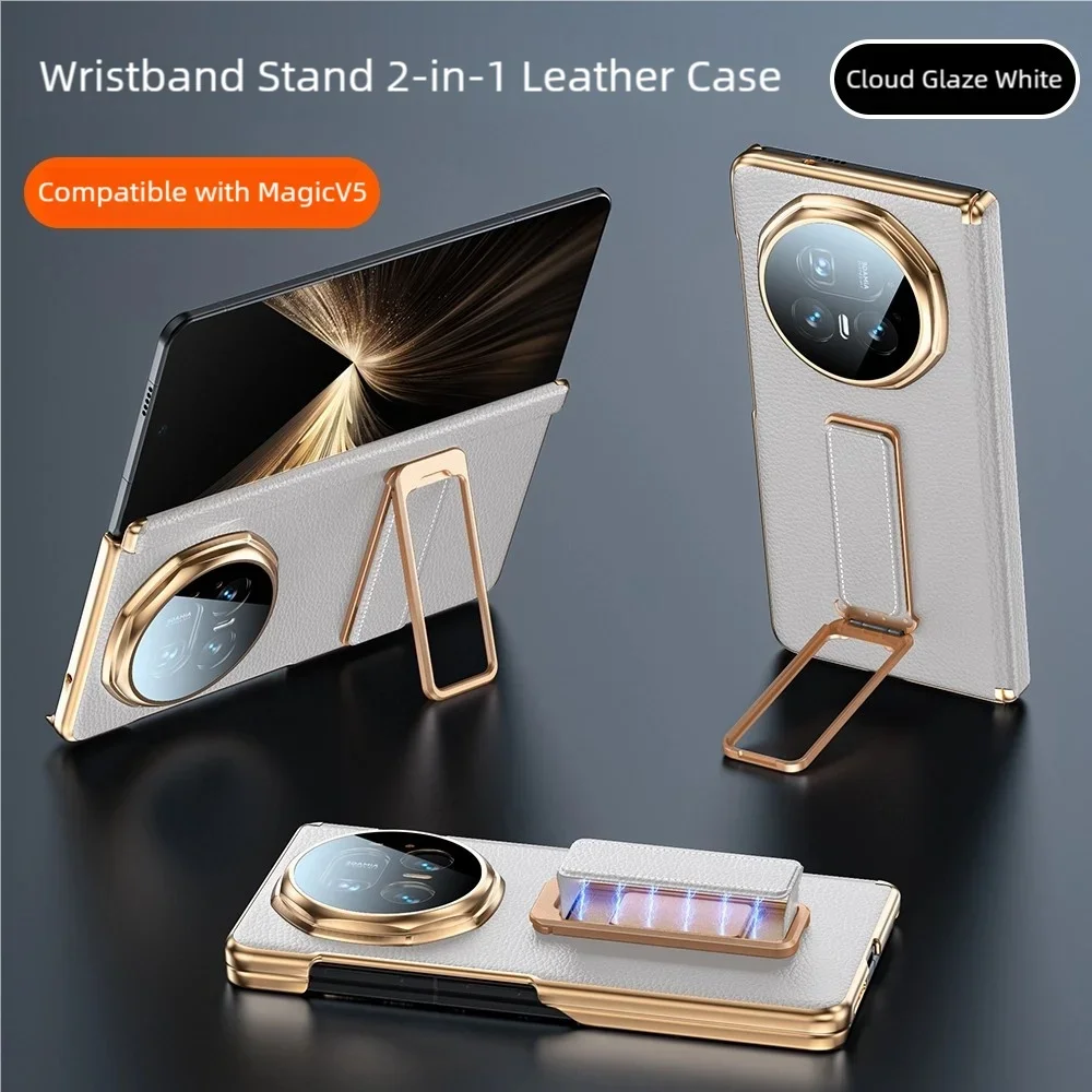 Premium White Genuine Leather Phone Case with Wrist Strap and Hidden Kickstand - Shockproof Design