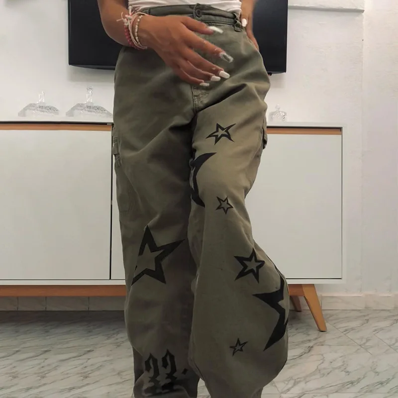 

Army Green Women Denim Stars Print Fashion Female Pants Pockets Autumn 2023 Long Trousers Wide Pant For Casual Dairy Women Cloth