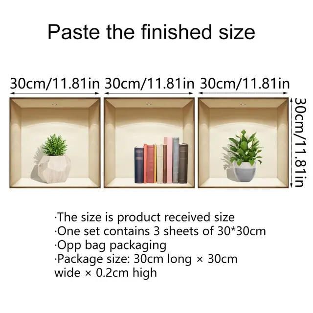ESFIVHO Lot de 3 stickers muraux - Effet 3D - Vase - 56 x 28 cm -  Autocollant mural avec fleurs, plantes vertes, arbre bonsaï - Pour bureau,  chambre
