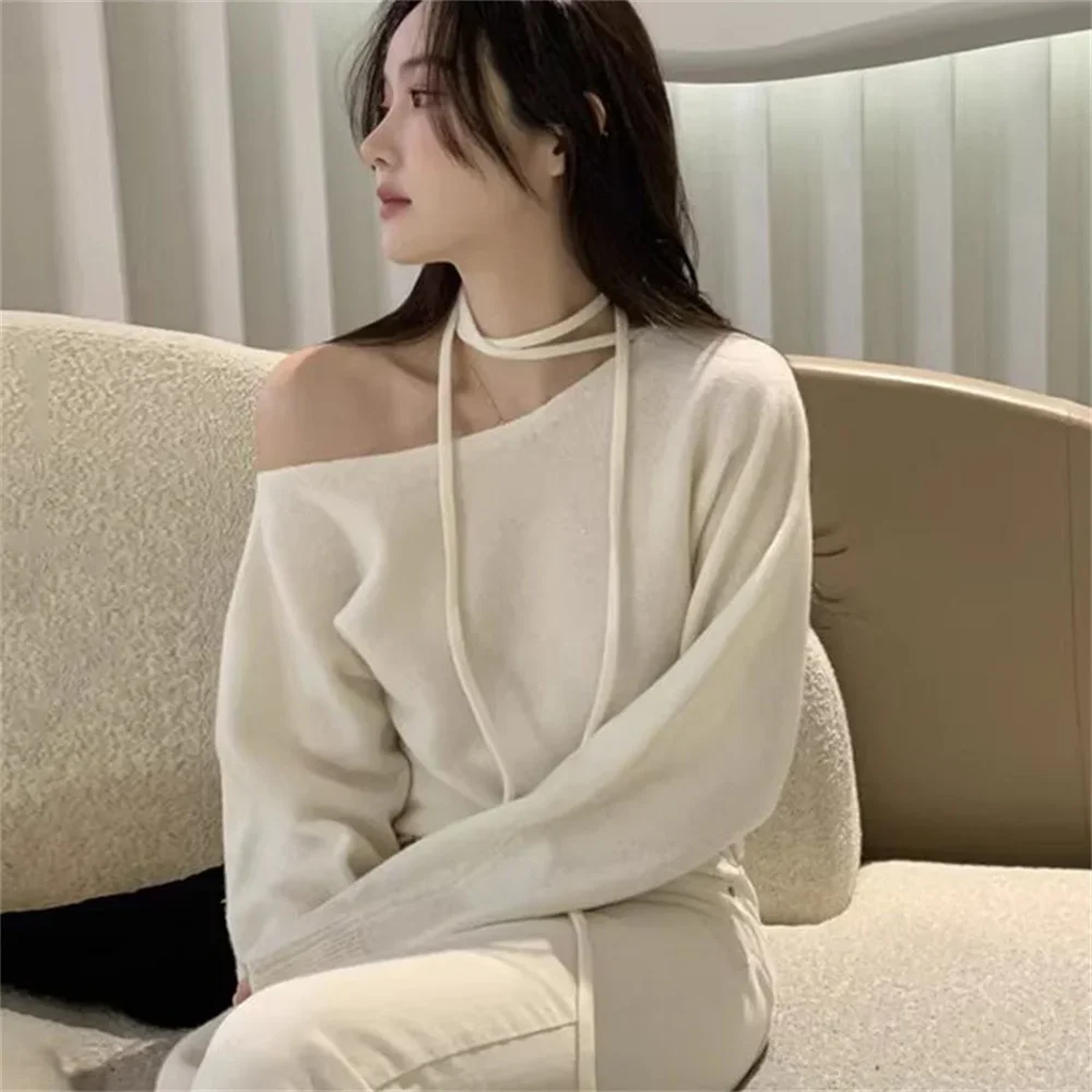 Spring Autumn New Sexy Pullovers for Women All-match Solid Soft Sweater Off Shoulder Casual Long Sleeve Warm Korean Style Tops 2