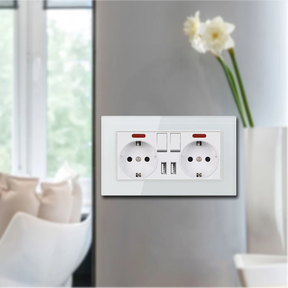 EIOMR EU 독일 벽 소켓 USB 포트 146*86mm 220v 16A 로커 스위치 전원 콘센트 LED 표시기 홈 벽 소켓