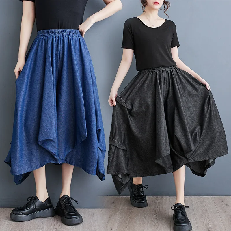 Summer New Loose Wide Leg Jeans Skirt Women's Special Wide Asymmetrical Skirt Tencel Material Comfortable Fit Chinese Style Pant