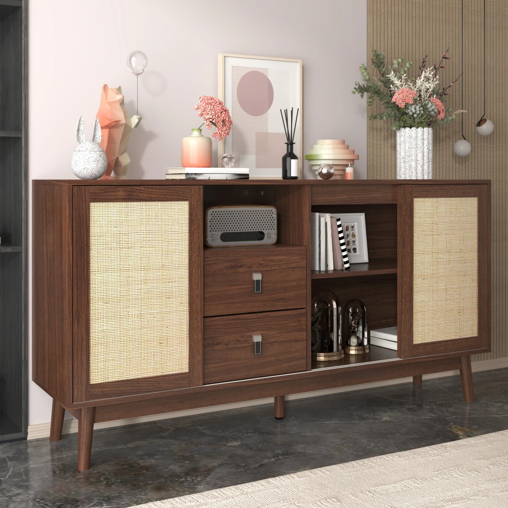 Sideboard im Rattan-Stil – 3 Rattan-Schiebetüren und Schubladen, 155 x 38 x 80 cm, atmungsaktive, vielseitige Aufbewahrung für Wohnzimmer/Esszimmer – Detail 2