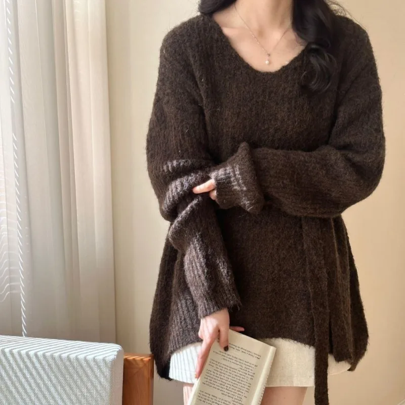 New Autumn and Winter Women's Clothing Round Neck Long-sleeved Knitted Sweater Loose and Elegant Lace-up Knitwear Long Top