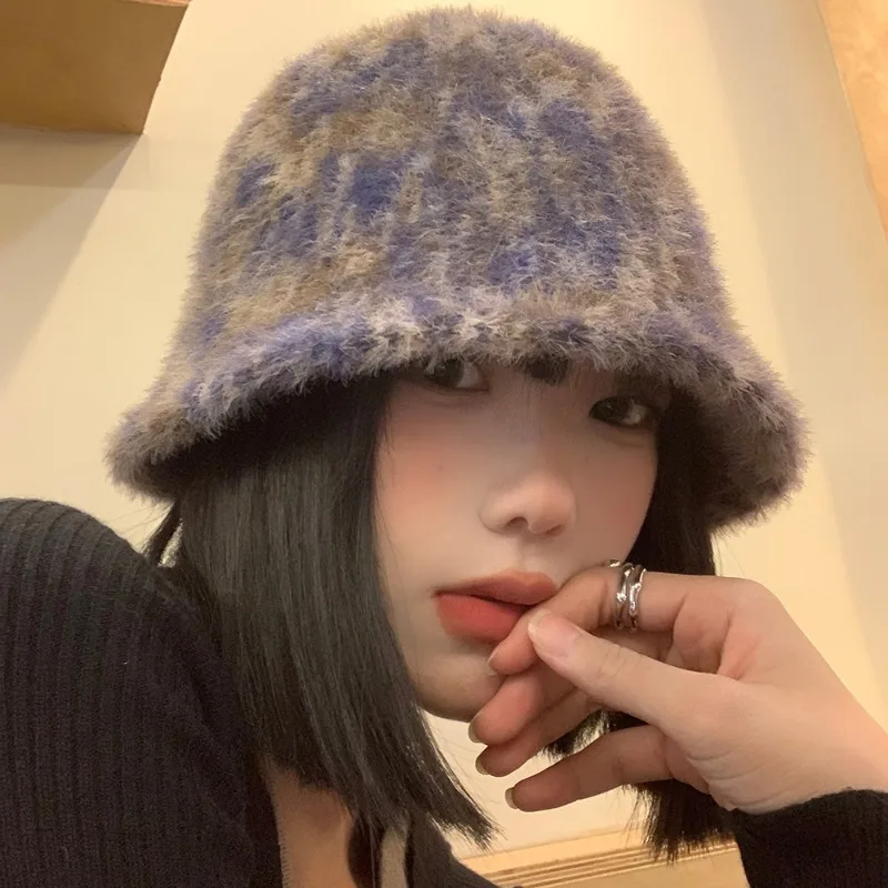 

Japanese Retro Color Plush Bucket Hat Women's Autumn and Winter Big Head Warm Temperament Dome Panama Bob Cap Bonnet Gorras