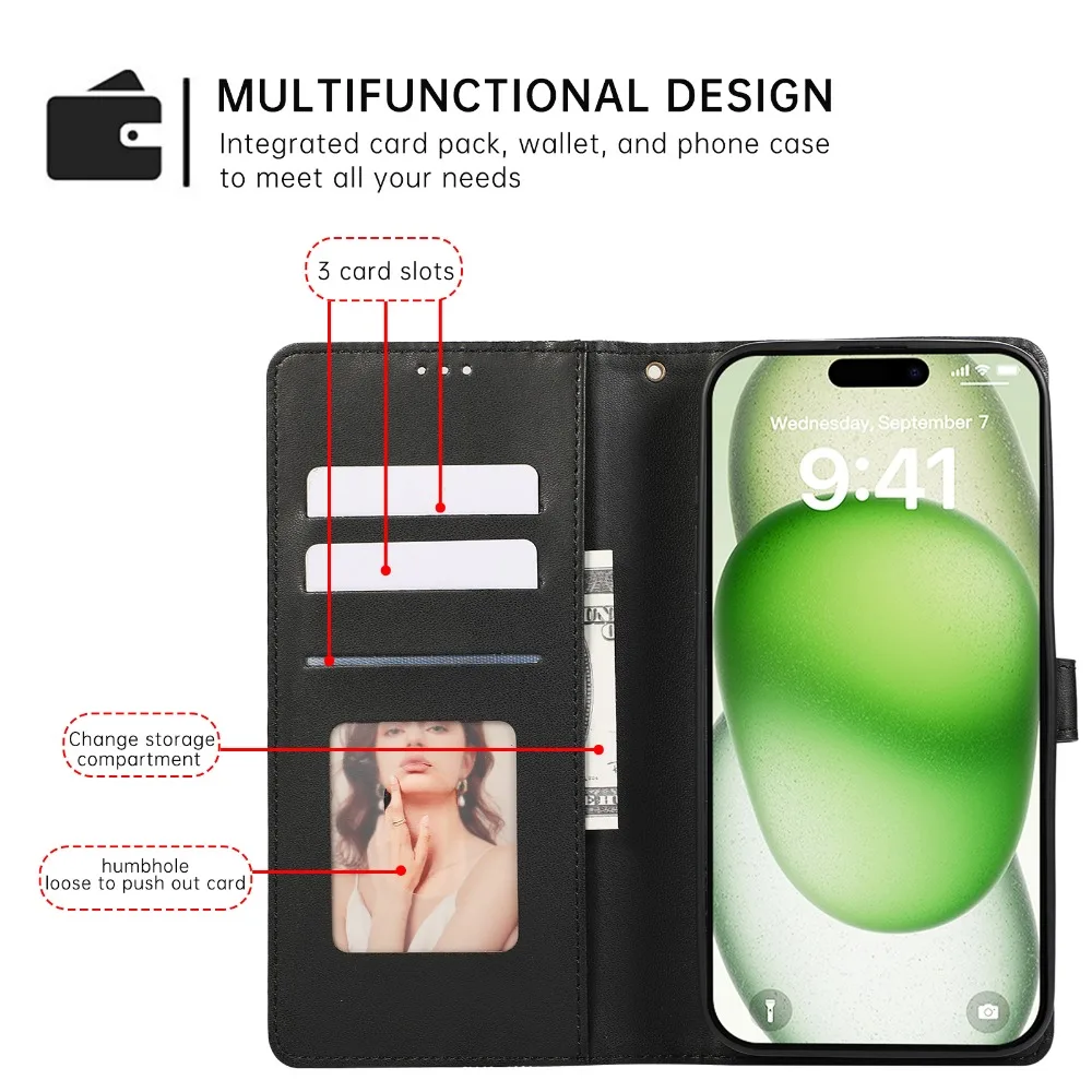 Leder-Schutzhülle für iPhone 13 12 Mini 16 15 14 11 Pro Max XS XR 8 Plus, Geldbörse mit Handschlaufe und Kartenhalter_voghion.com