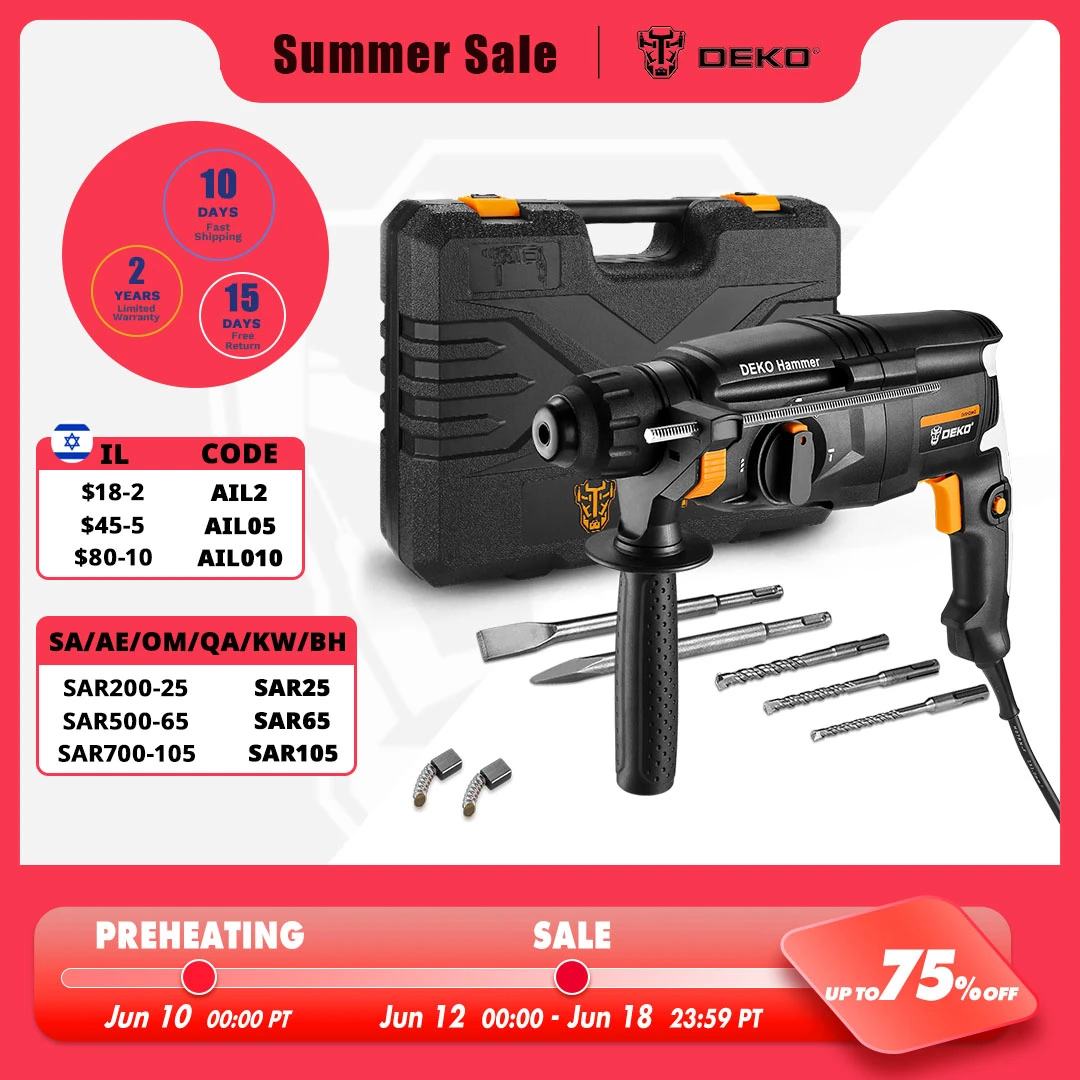 DEKO DKRH26H2 Multifunctional Rotary Hammer with BMC&6pcs Accessories Electric Demolition Hammer Impact Drill Punch Power Tools|Electric Hammers| - AliExpress