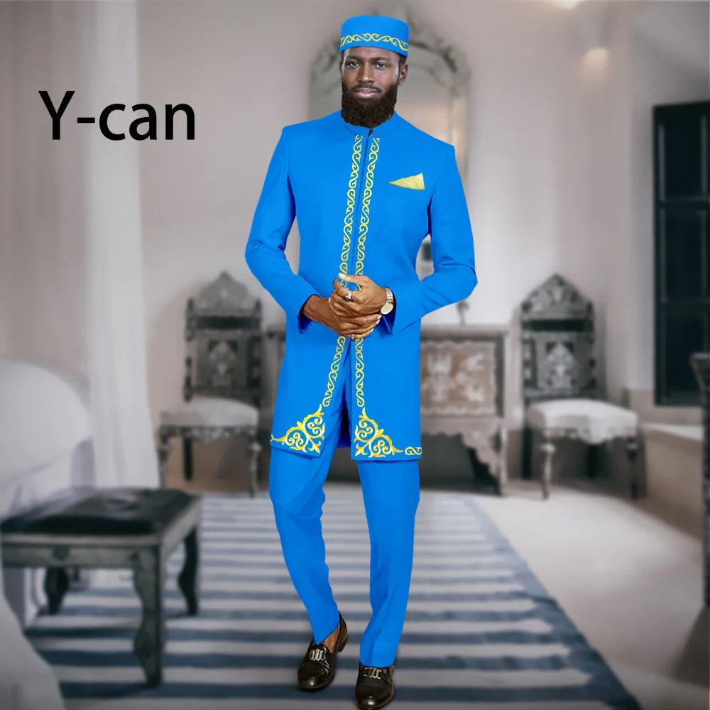 Dashiki African Suits for Men Slim Fit Set Embroidery Jacket and Trousers Muslim Caps Blazer Bazin Riche Attire Wedding A2316066 bazin riche african clothes for men embroidery printed blazer coats with trousers 2 piece set dashiki outfits a2216063