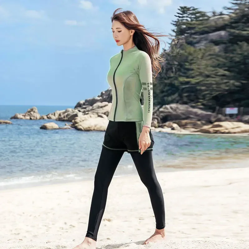 Women's Conservative Two-Piece Swimming Suit Long Sleeve Surfing Diving Thermal Bathing Suit Three-Piece Set Long Pants - 4