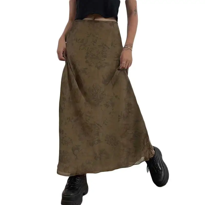 Falda larga Y2K para mujer, ropa vintage, estampado floral, cintura alta, faldas de malla, faldas grunge de los años 2000, ropa de fiesta, ropa de calle