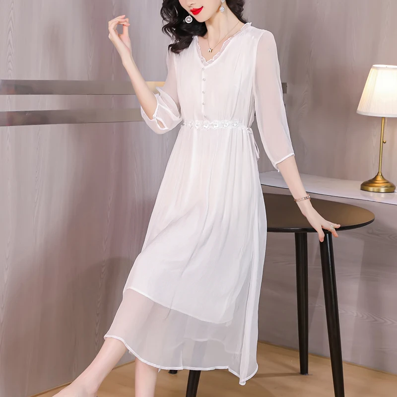 

2023 New Fashion Silk Solid Color Dress Women's Summer Elegant Versatile V-Neck Loose Fit Casual Holiday Dress Vestidos