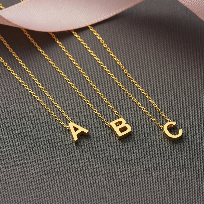 Stainless Steel Initial Necklace Gold Color Cut Letters Single Name Choker Necklace Women Pendant Jewelry Gift