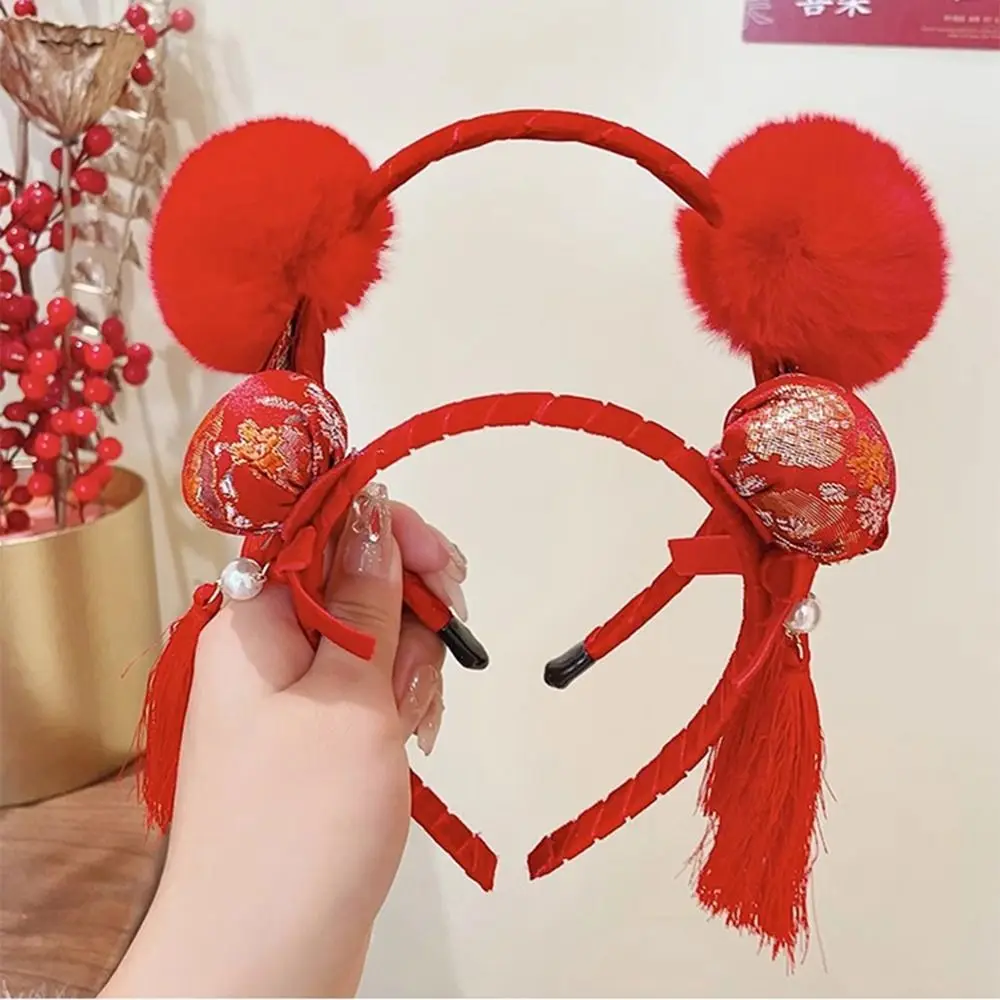 Red Hairband New Year Hair Band Tassel Hairball Red Bow Headband Flower New Year Headwear Chinese Style Headdress Girl