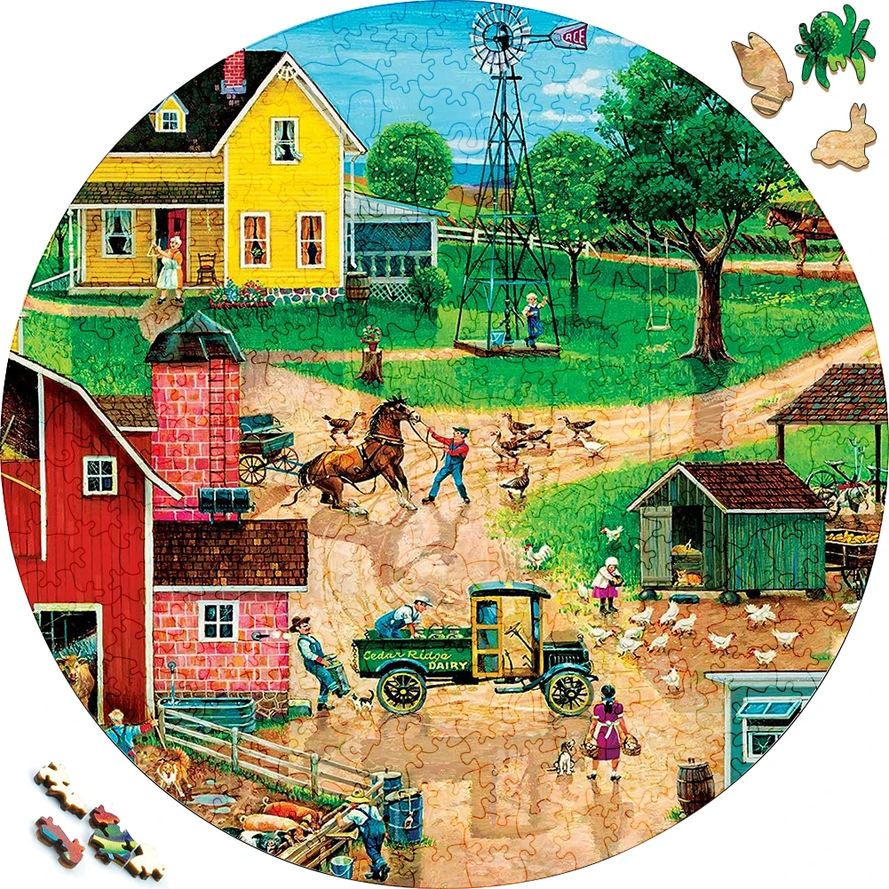 Unique Wooden Puzzles Farm Town Orchard Wood Jigsaw Puzzle Craft Irregular Family Interactive Puzzle Gift for Kids Education Toy