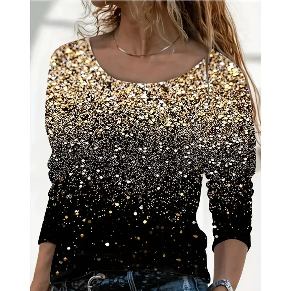 

Sequins Print Crew Neck T-Shirt,Casual Long Sleeve Top For Spring & Fall,Women's Clothing