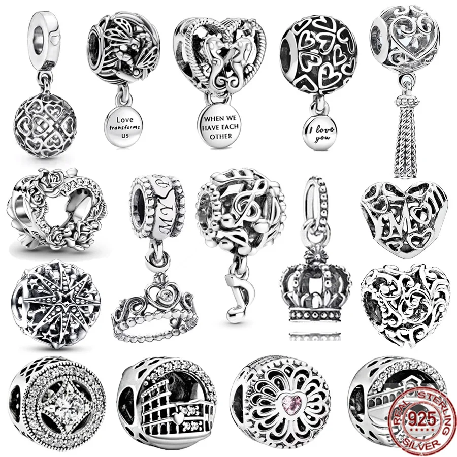 

925 Sterling Silver Openwork Heart Music Notes Rose & Crown Heart Beads Fit Original Pandora Bracelet Necklace DIY Charm Jewelry