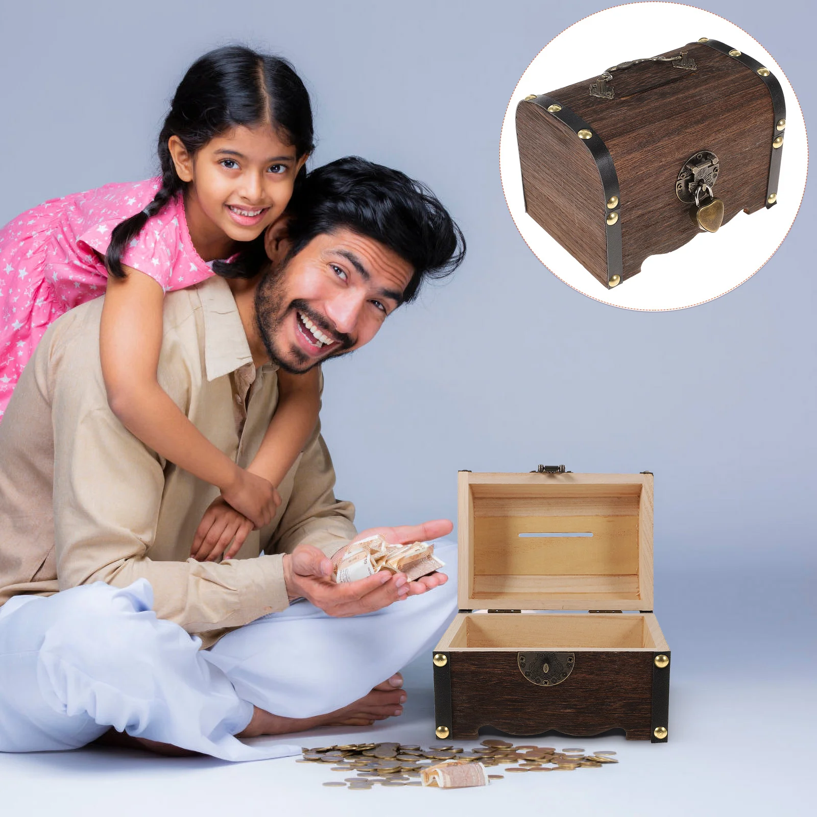 Wooden Treasure Box Piggy Bank Storage Containers Money Saving Antique Design Vintage Chest Handmade Kids Gift Home Storage 2